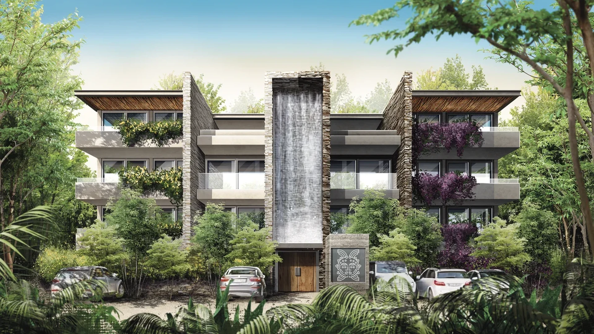 Image of a Luxury Condominiums, featuring Modern Architecture and Waterfall Entrance.