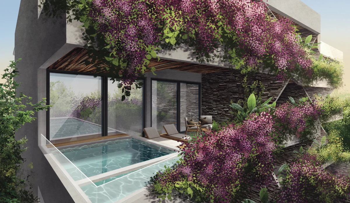 Image of a Private Plunge Pool, featuring Lush Balcony and Modern Architecture.