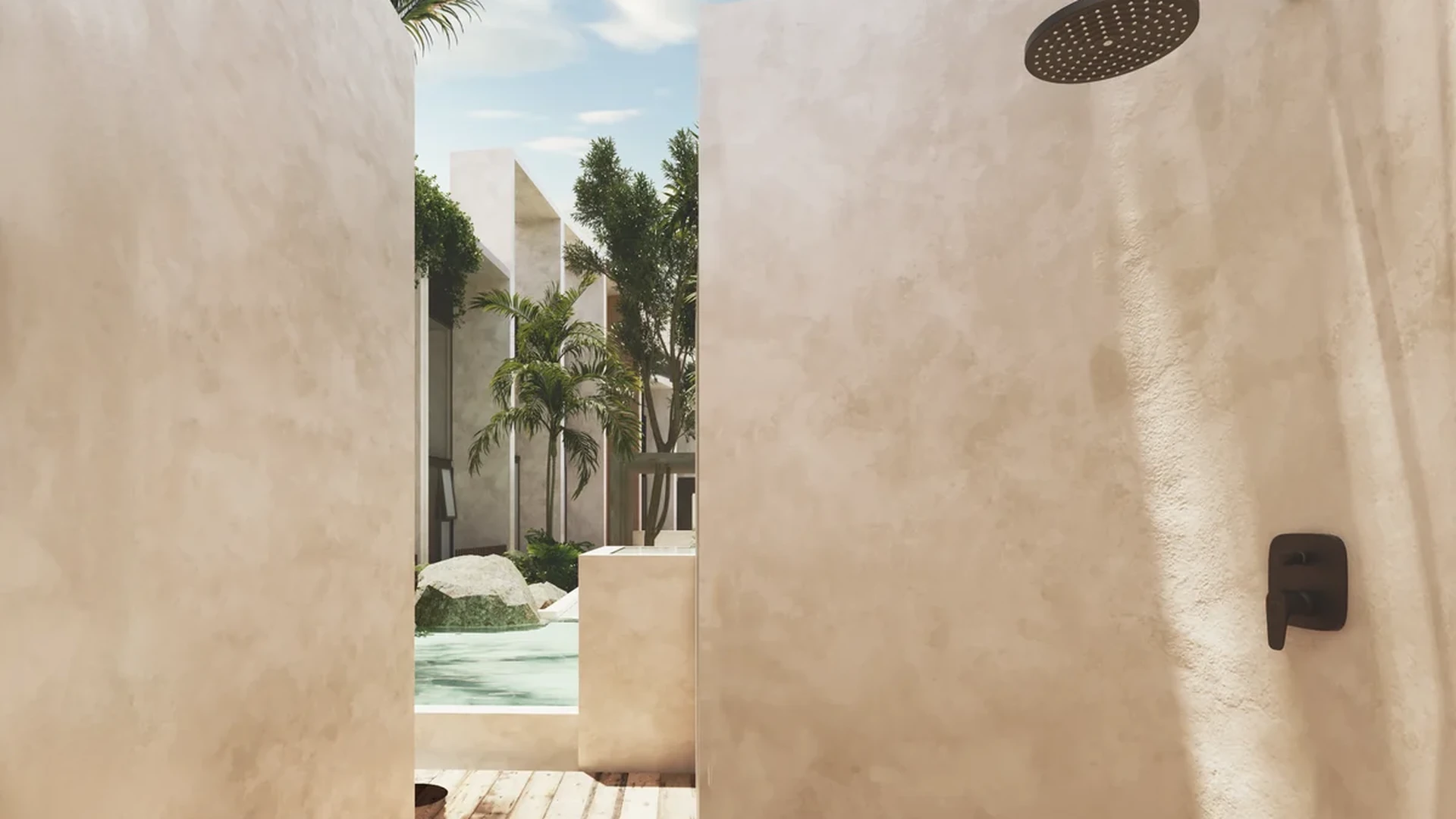 Image of a Outdoor Shower, featuring Poolside Access and Wood Decking.