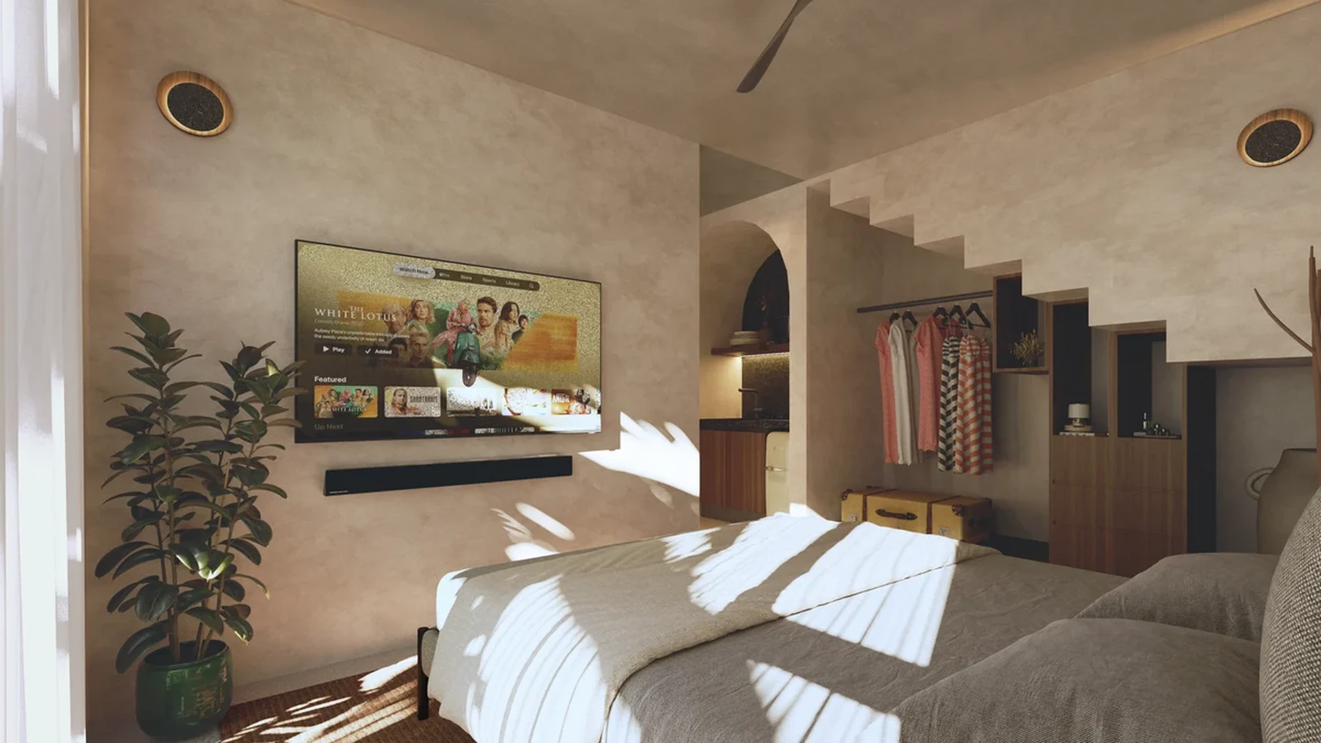 Image of a Studio Apartment, featuring Textured Plaster Walls and Terrazzo Flooring.