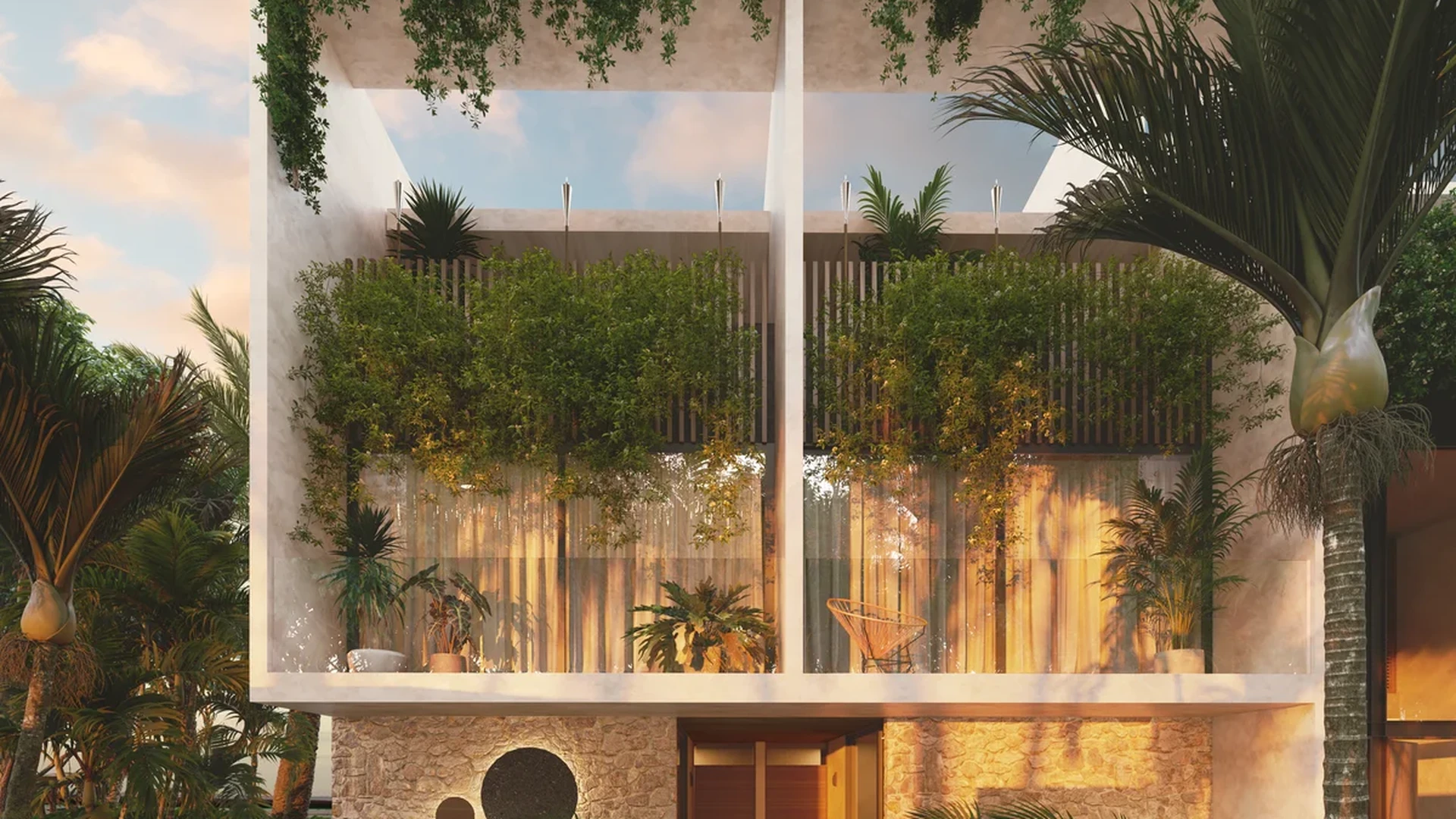 Image of a Modern Tropical Villa, featuring Lush Garden and Private Balconies.