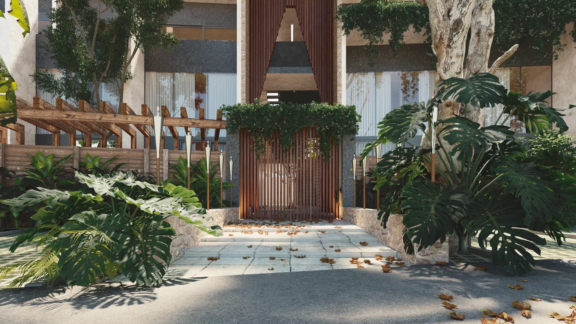 Image of a Lush Tropical Garden, featuring Gated Entrance and Modern Architecture.
