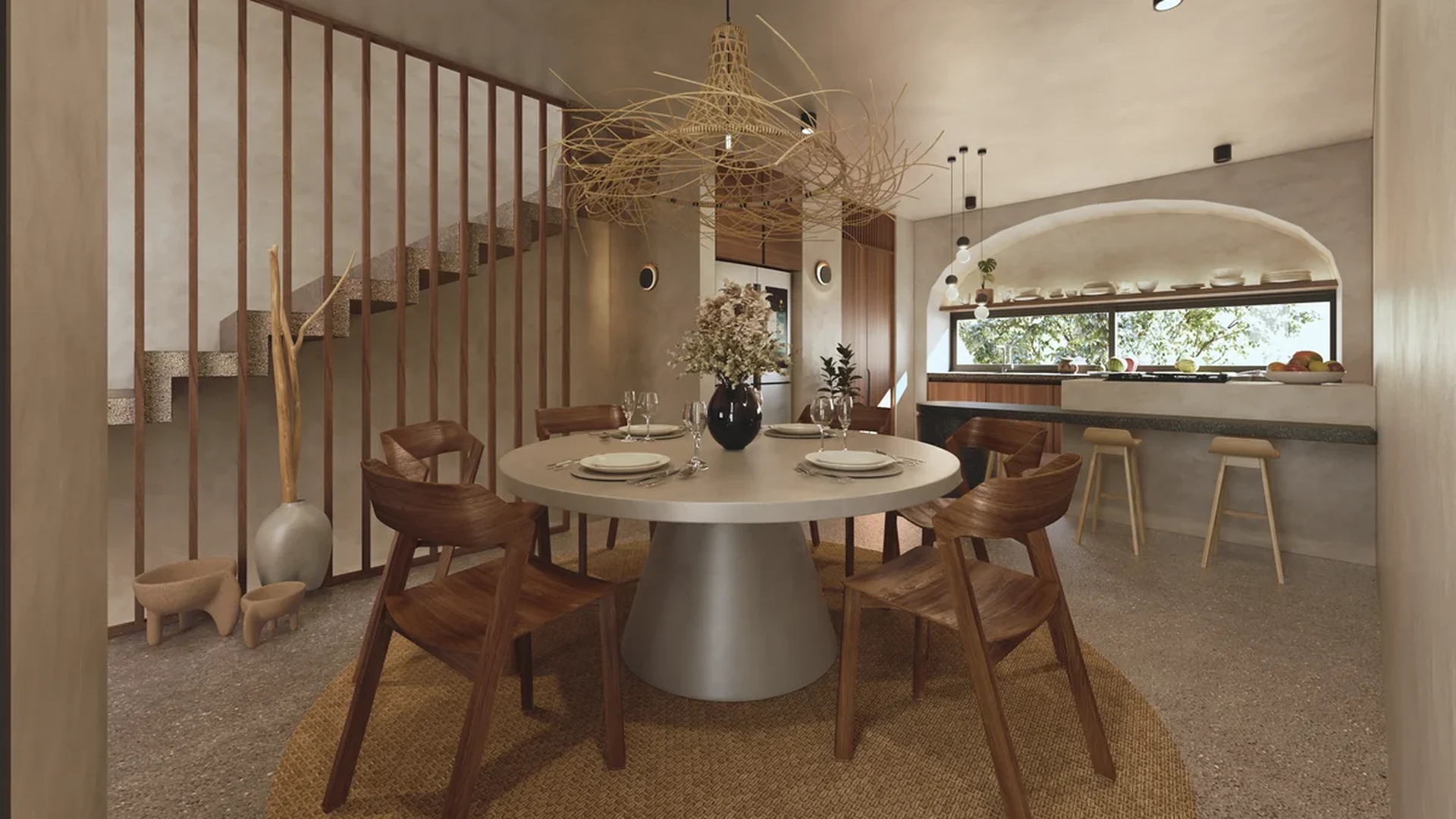 Image of a Open-Plan Dining Area, featuring Terrazzo Flooring and Polished Concrete Walls.