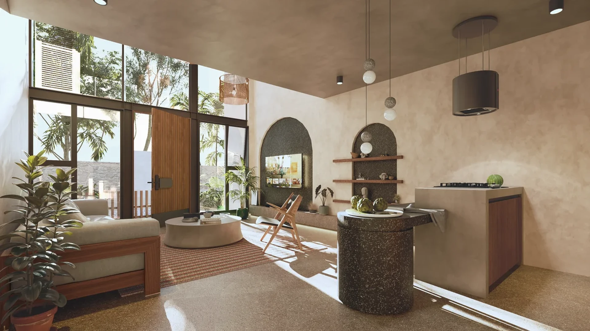 Image of a Open-Concept Living, featuring Modern Kitchenette and Terrazzo Flooring.