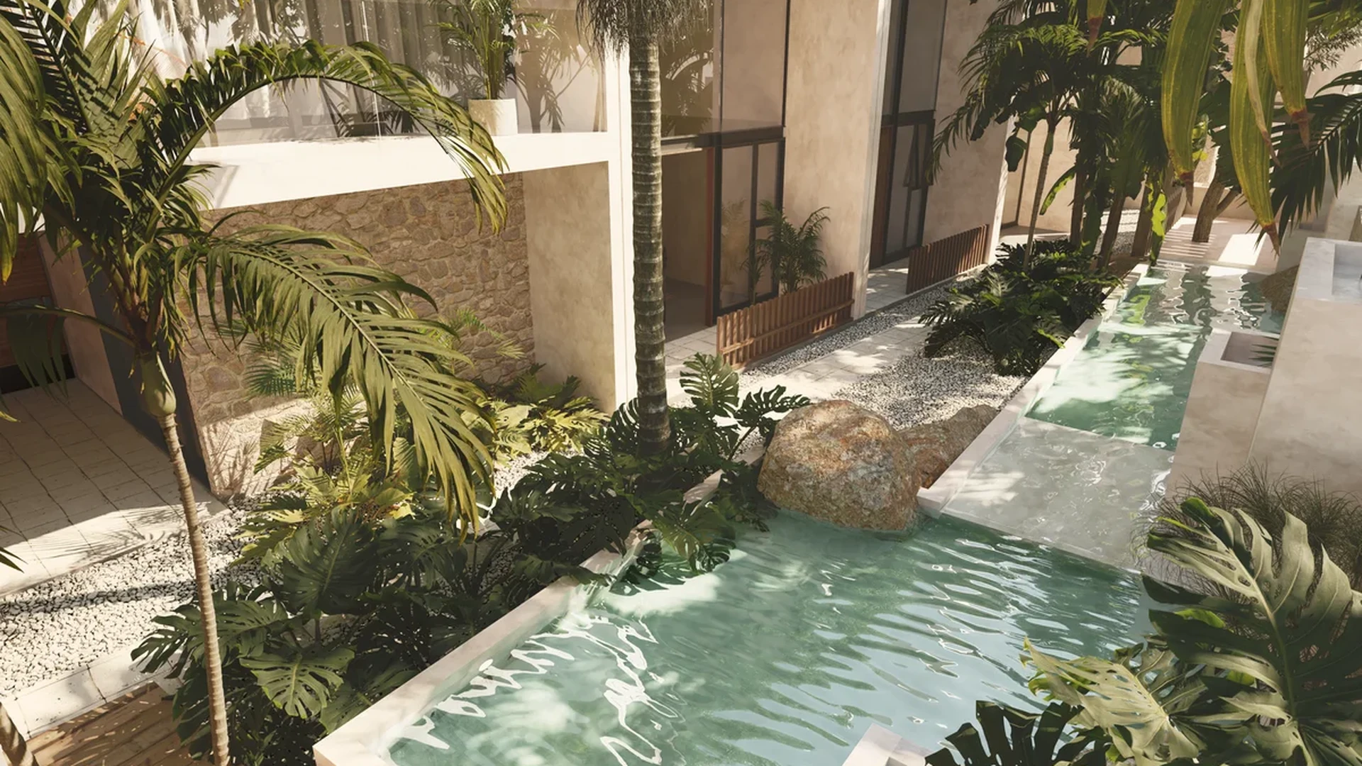 Image of a Tropical Courtyard, featuring Lush Landscaping and Private Plunge Pools.