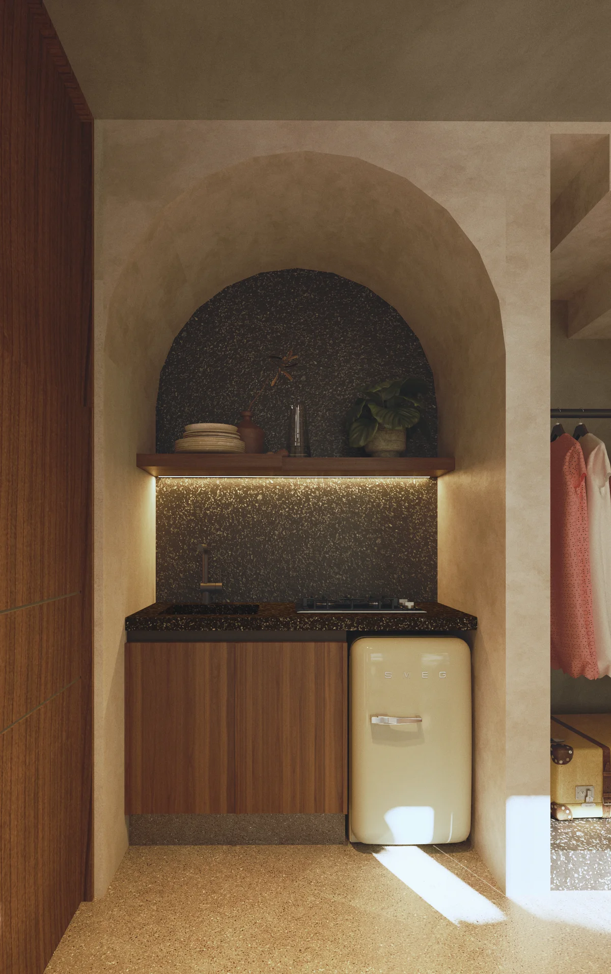 Image of a Kitchenette Nook, featuring Arched Alcove and Terrazzo Countertops.