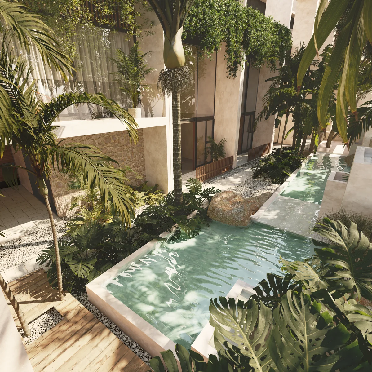 Image of a Tropical Courtyard, featuring Lush Landscaping and Private Plunge Pools.
