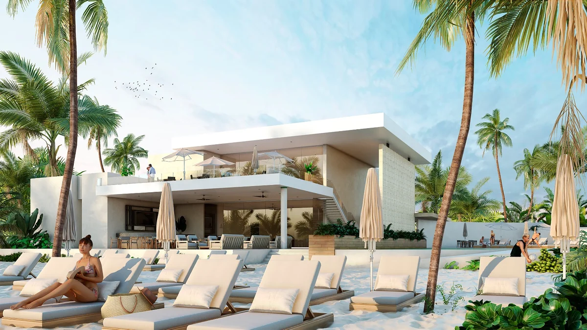 Image of a Beachfront Property, featuring Modern Architecture and Outdoor Lounge.