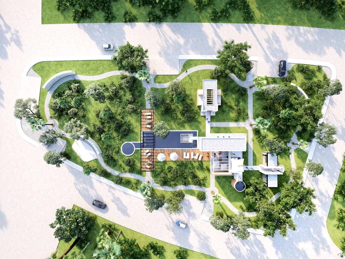 Image of a Architectural Rendering, featuring Modern Estate and Aerial Site Plan.