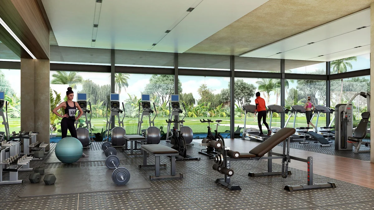 Image of a Fitness Center, featuring Modern Gym and Floor-to-Ceiling Windows.