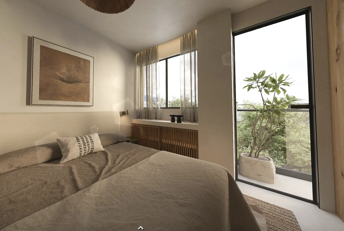 Image of a Modern Bedroom, featuring Private Balcony and Floor-to-Ceiling Glass Door.