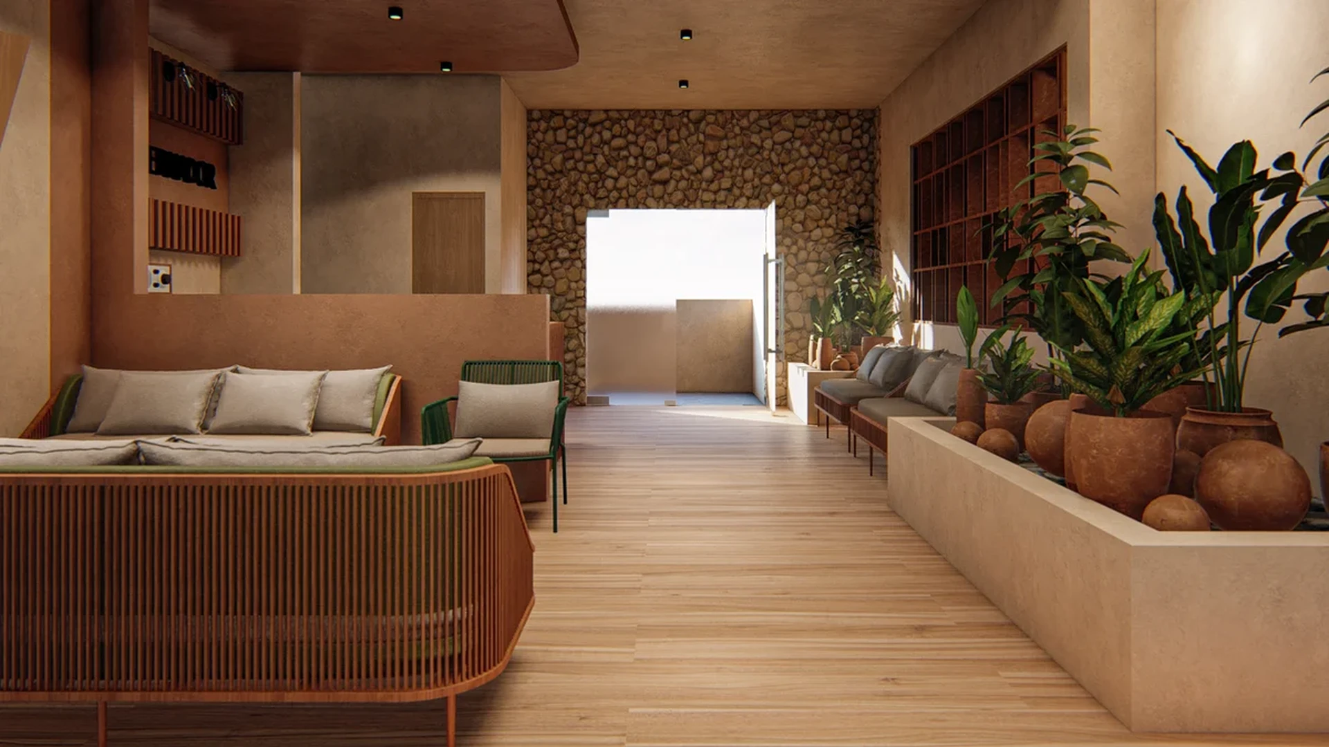 Image of a Lounge Area, featuring Stone Accent Wall and Light Wood Flooring.