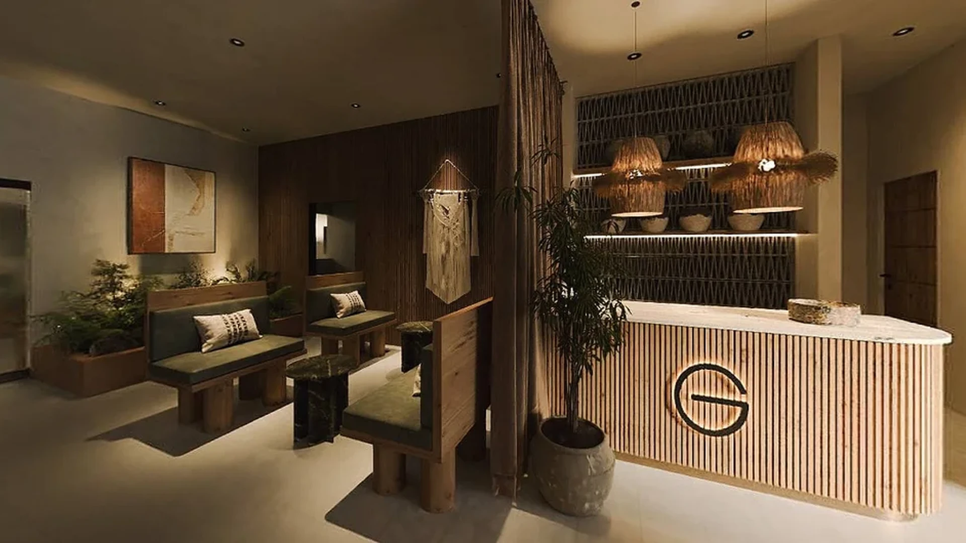 Image of a Boutique-Style Lobby, featuring Lounge Seating Area and Wood Slat Paneling.