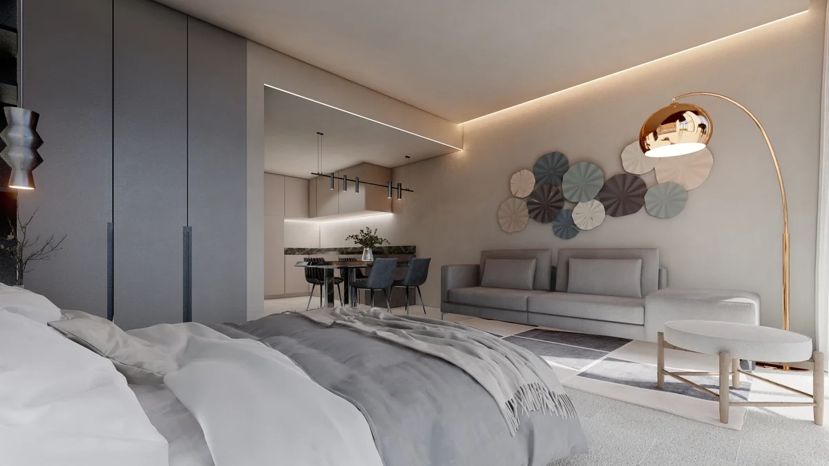 Image of a Studio Apartment, featuring Open-Concept Living and Modern Kitchenette.