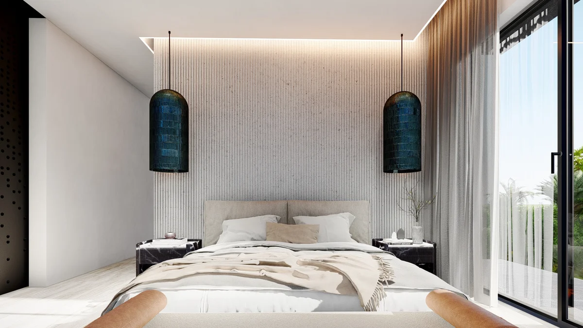 Image of a Master Bedroom, featuring Modern Design and Fluted Accent Wall.