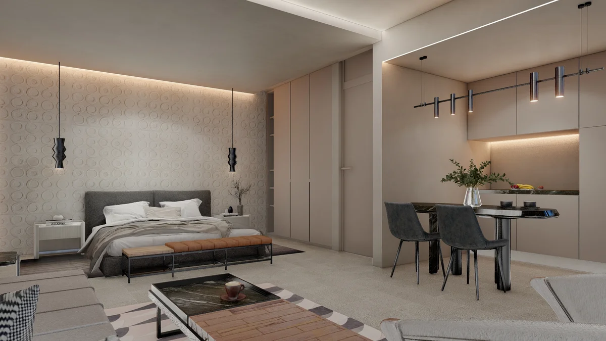 Image of a Studio Apartment, featuring Modern Design and Open Concept Living.
