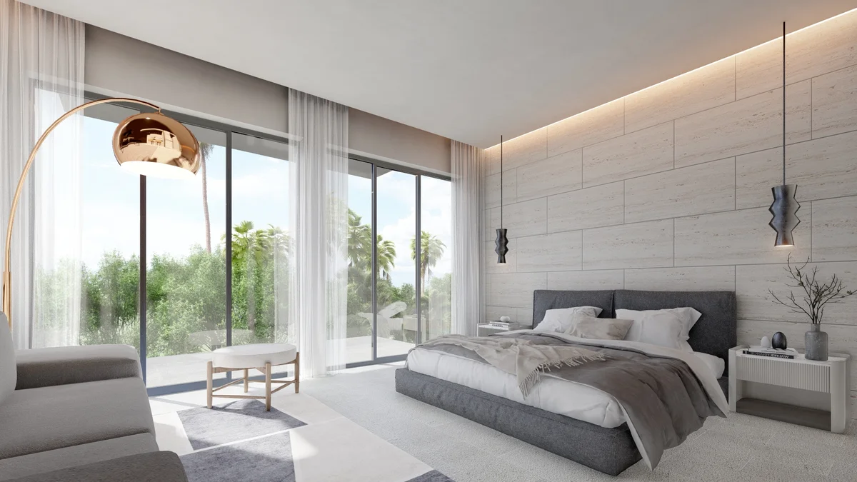 Image of a Master Bedroom, featuring Floor-to-Ceiling Windows and Stone Accent Wall.
