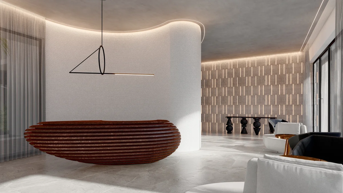 Image of a Luxury Lobby, featuring Modern Design and Sculptural Reception Desk.