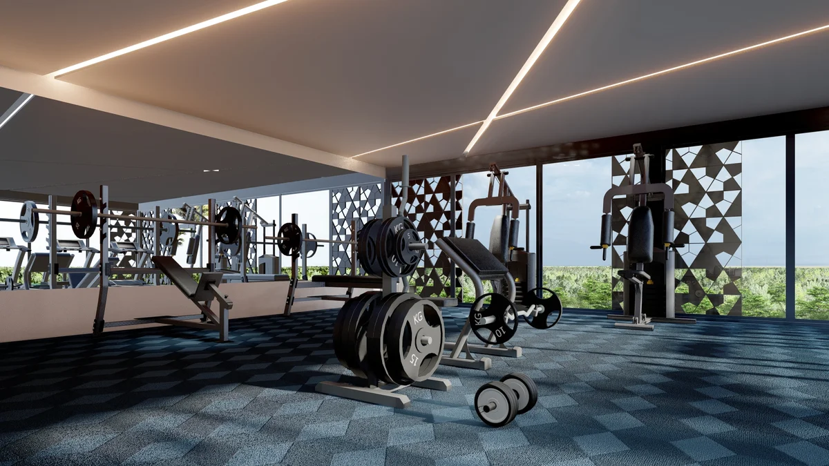 Image of a Fitness Center, featuring Gym and Weight Training Equipment.