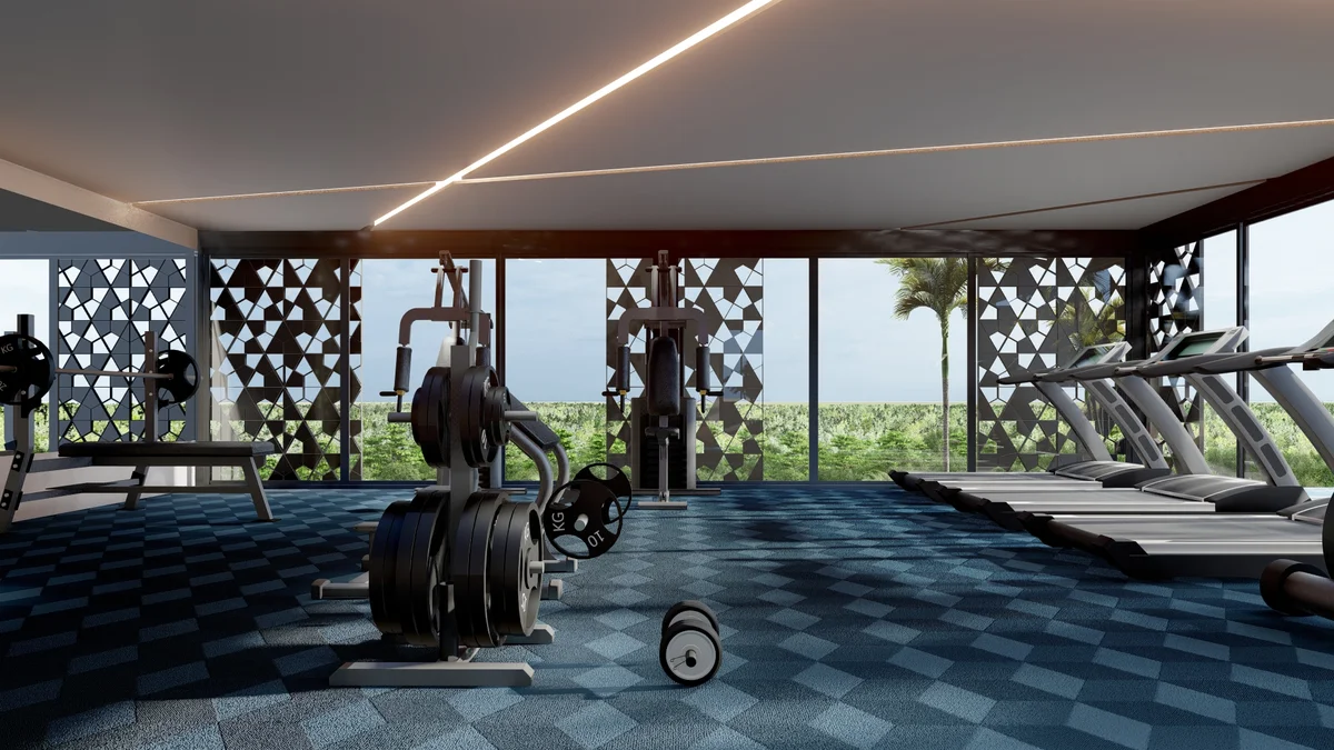 Image of a Fitness Center, featuring Modern Gym and Floor-to-Ceiling Windows.