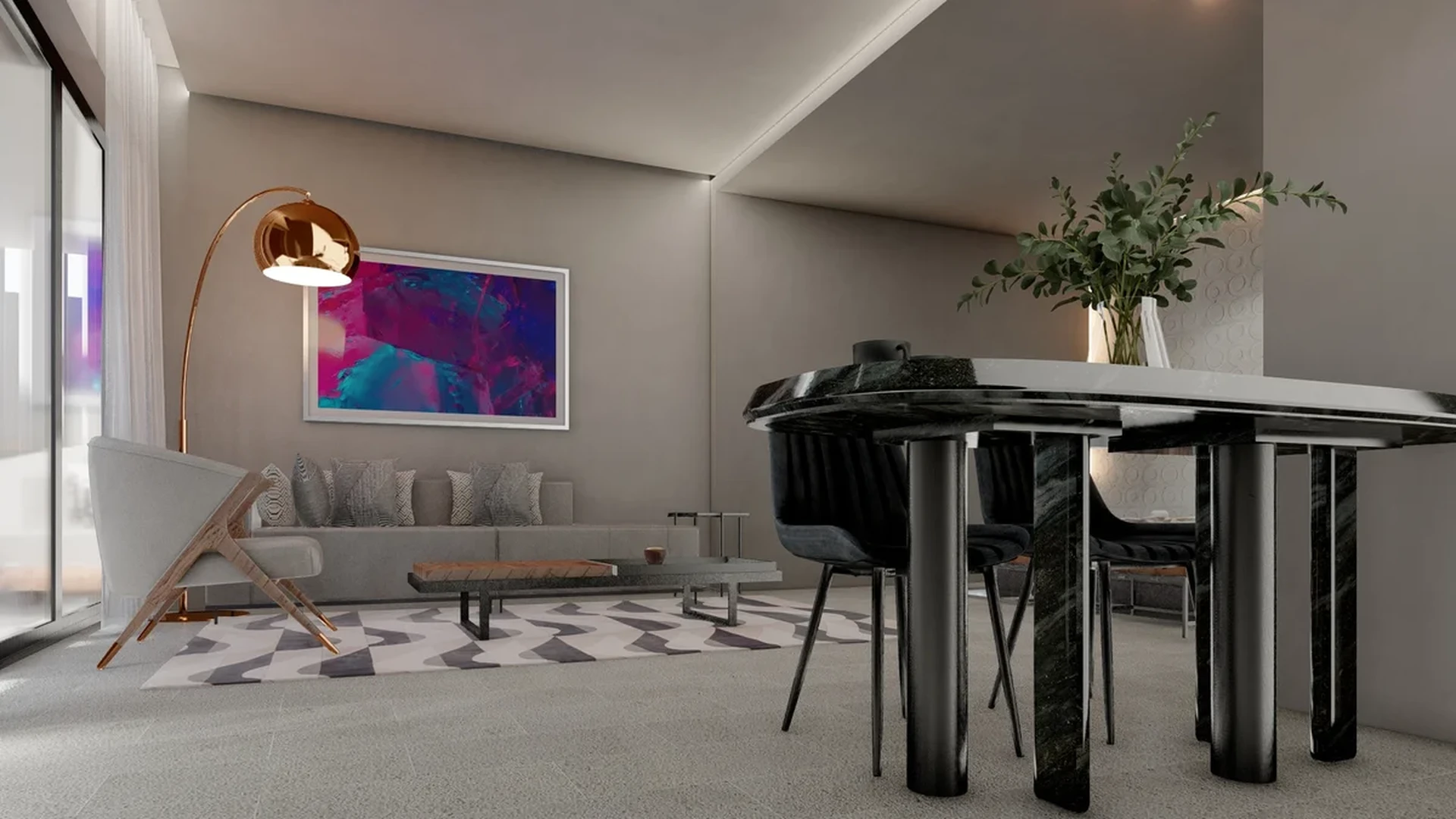 Image of a Modern Interior Design, featuring Open Plan Living and Marble Dining Table.