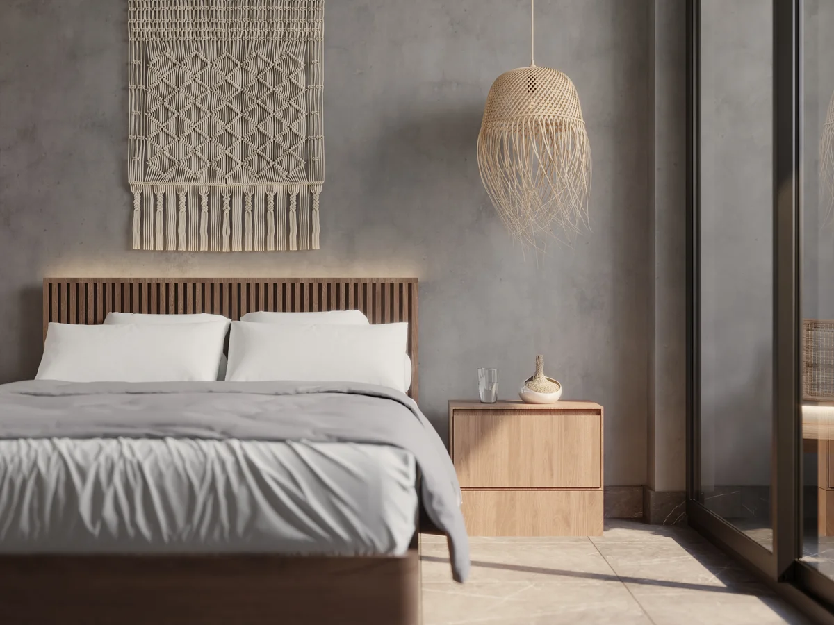 Image of a Modern Bedroom, featuring Bohemian Decor and Slatted Wood Headboard.