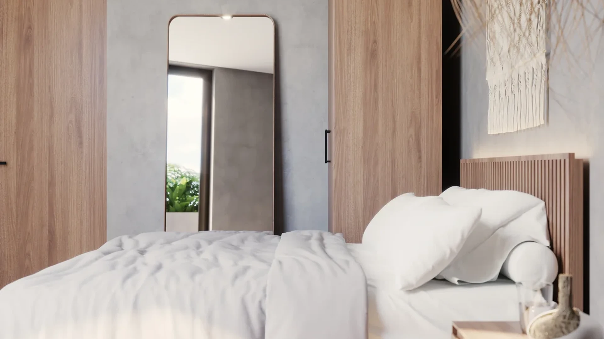 Image of a Modern Bedroom, featuring Japandi Style Decor and Wood Accents.