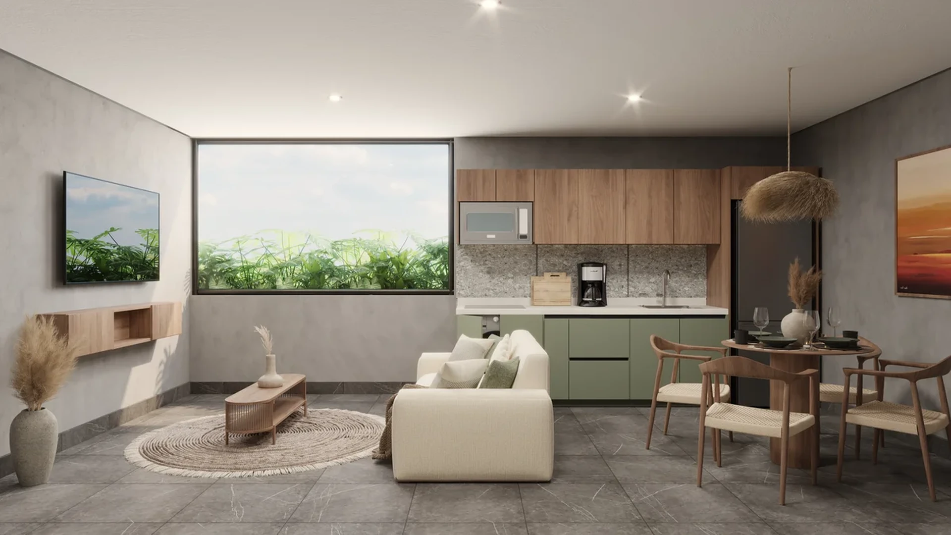 Image of a Open Concept Living, featuring Modern Kitchenette and Wood Cabinetry.