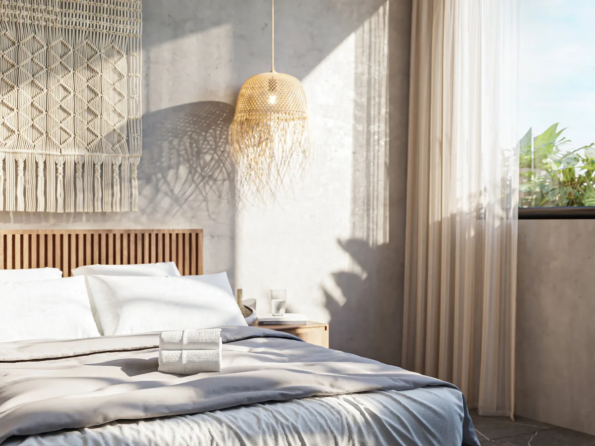 Image of a Sunlit Bedroom, featuring Bohemian Decor and Natural Materials.