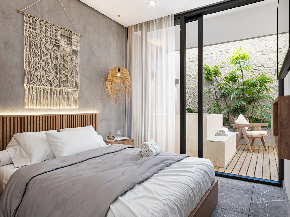 Image of a Modern Bedroom, featuring Private Patio and Outdoor Bathtub.