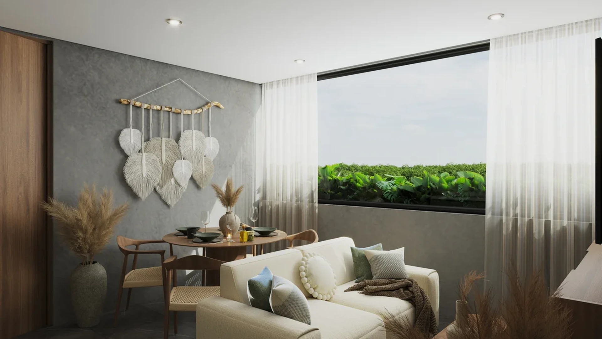 Image of a Open Concept Living, featuring Bohemian Decor and Concrete Accent Wall.