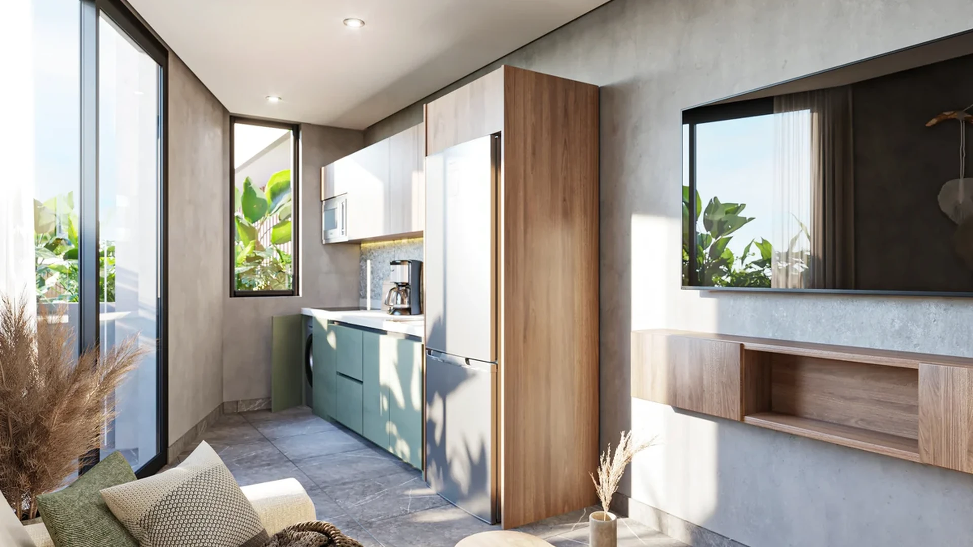 Image of a Open Concept Living, featuring Modern Kitchenette and Floor-to-Ceiling Windows.