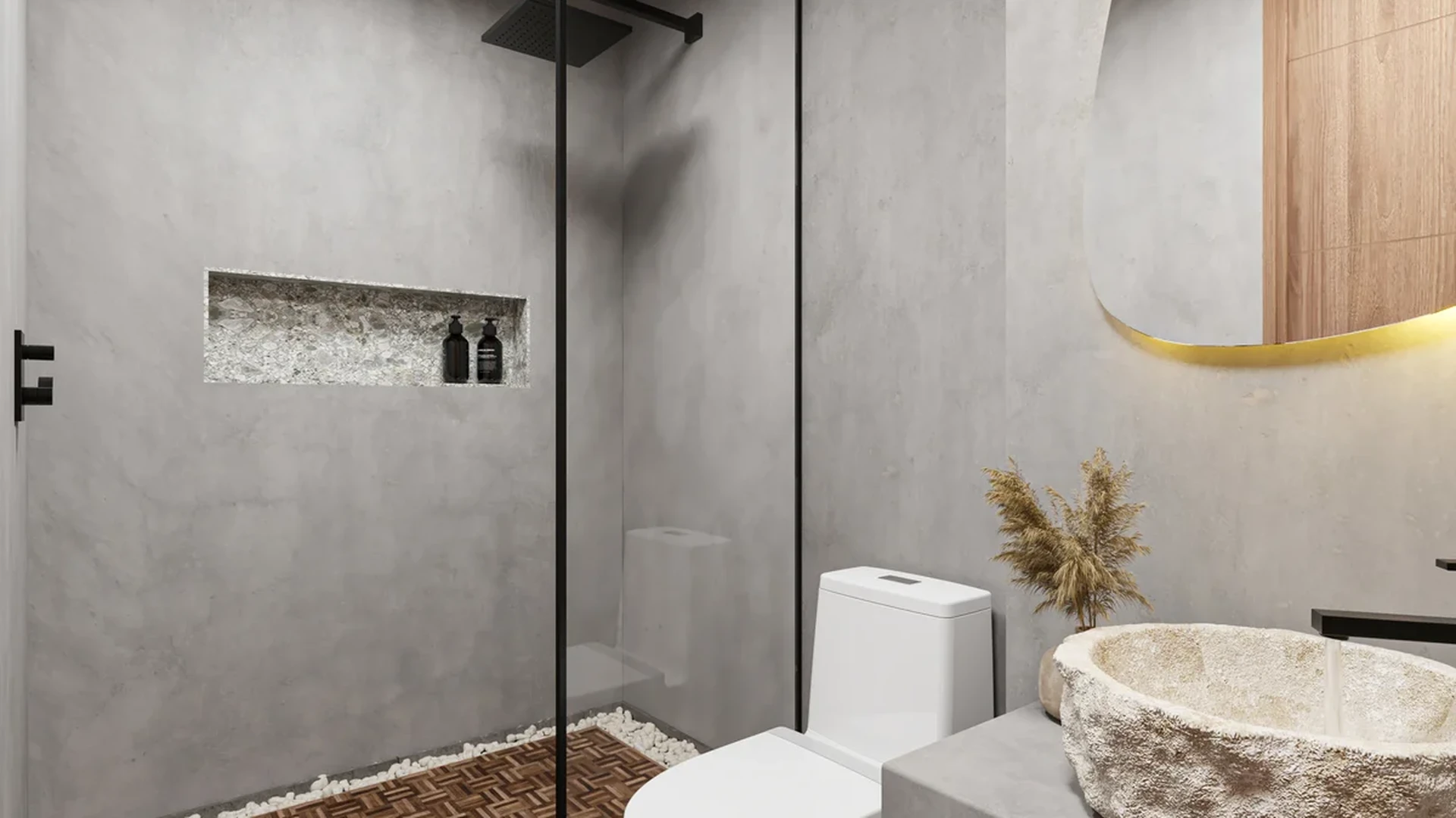 Image of a Modern Bathroom, featuring Walk-in Shower and Stone Vessel Sink.