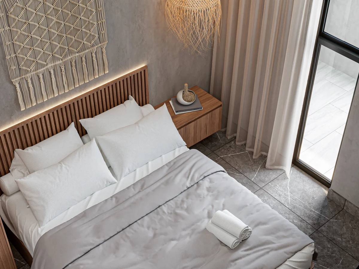 Image of a Modern Bedroom, featuring Bohemian Decor and Wooden Slat Headboard.
