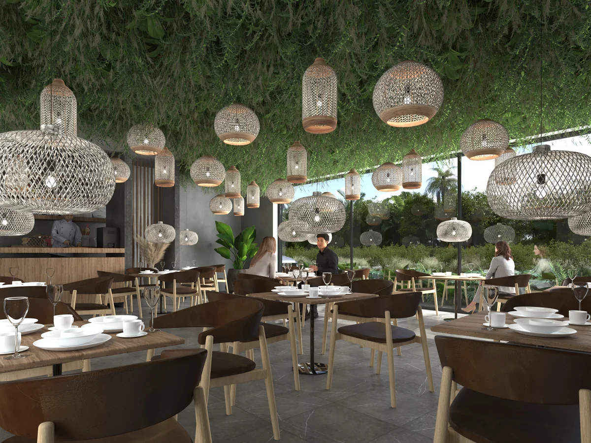 Image of a On-site Restaurant, featuring Biophilic Design and Green Ceiling Installation.