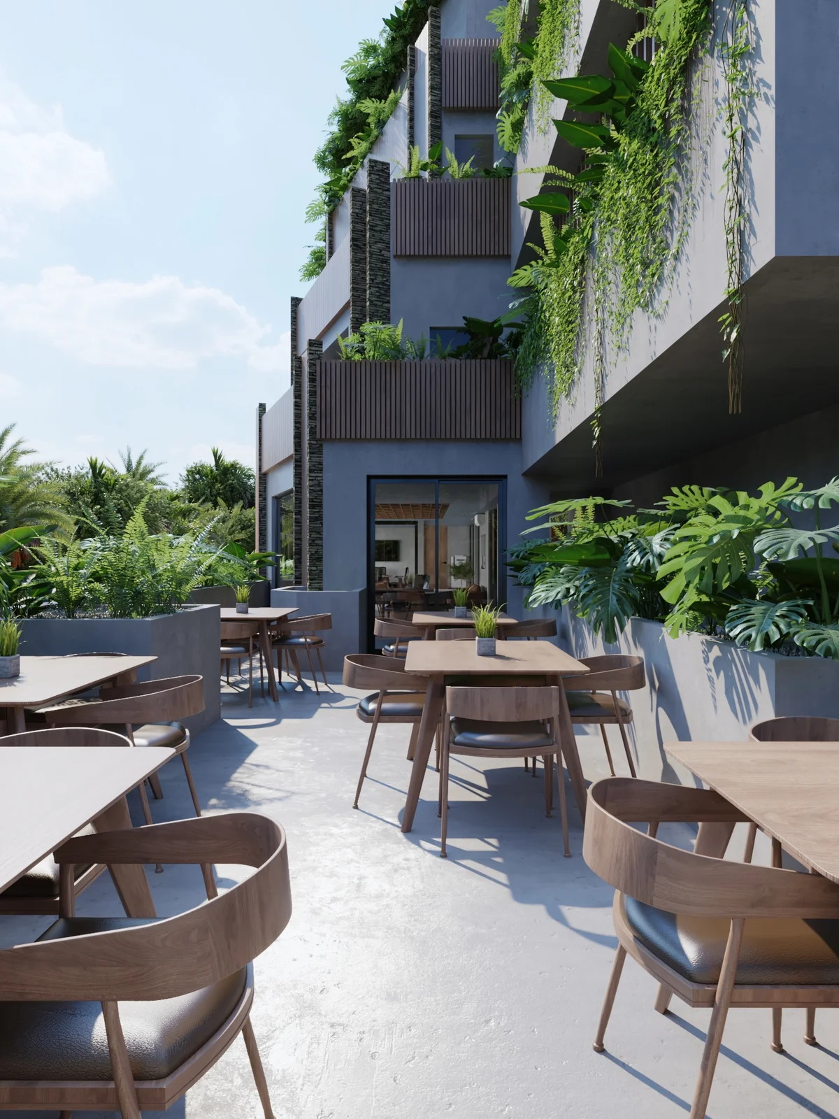 Image of a Outdoor Terrace, featuring Modern Architecture and Lush Greenery.