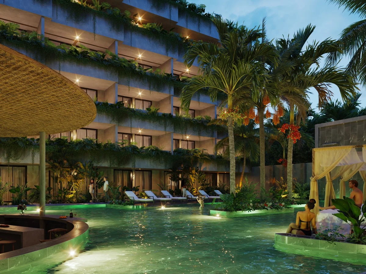 Image of a Resort-Style Pool, featuring Swim-Up Bar and Lush Greenery.