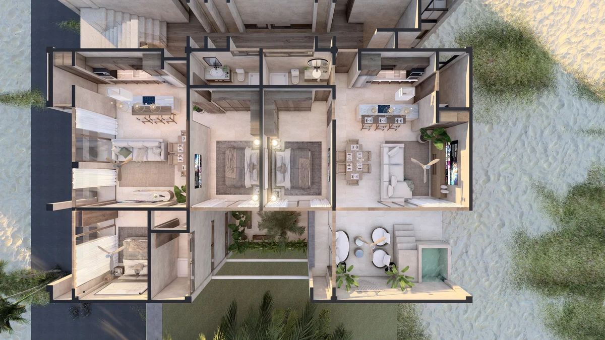 Image of a 3D Floor Plan Rendering, featuring Beachfront Property and Private Plunge Pool.