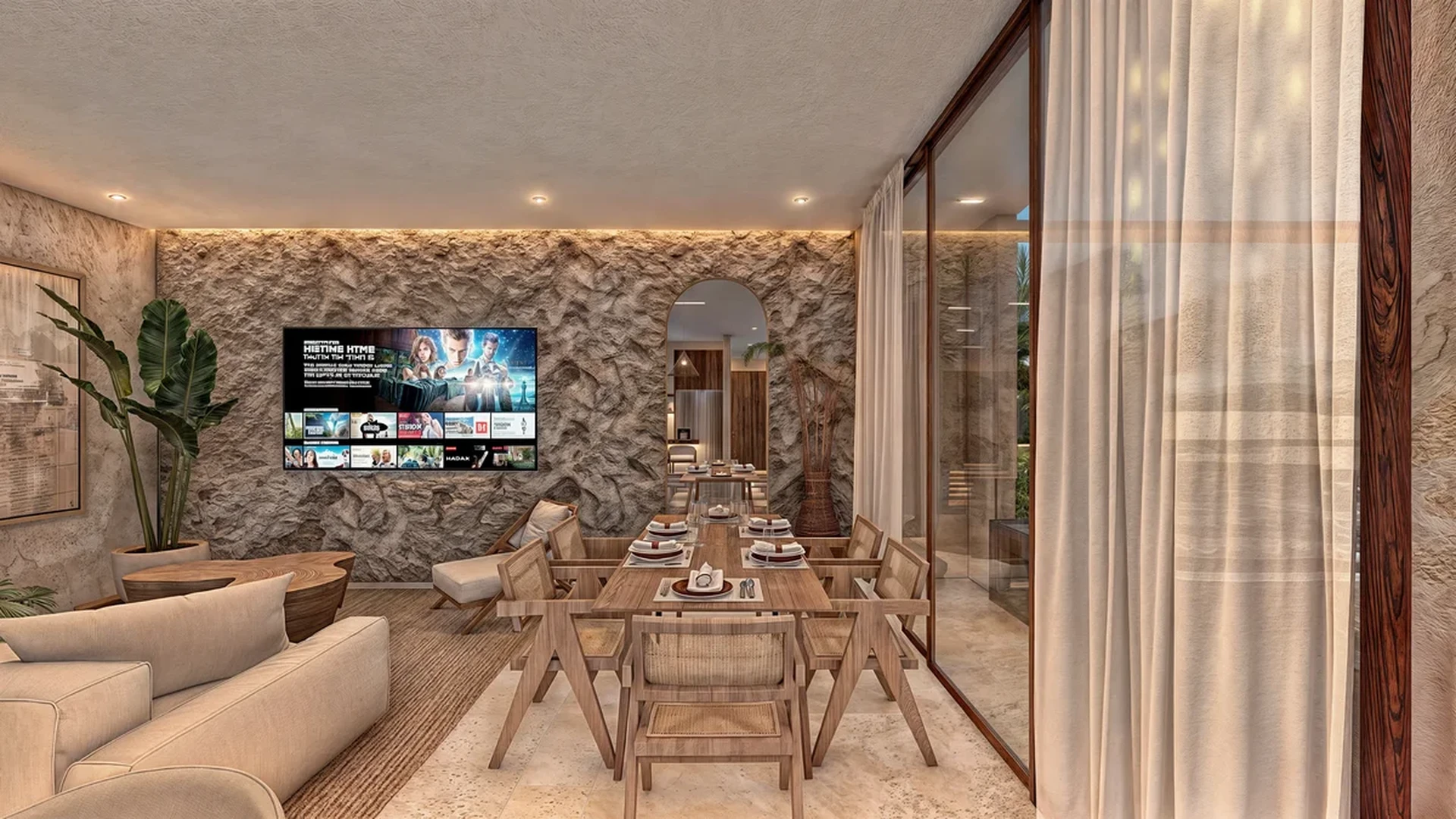 Image of a Dining Room, featuring Stone Accent Wall and Organic Modern Design.