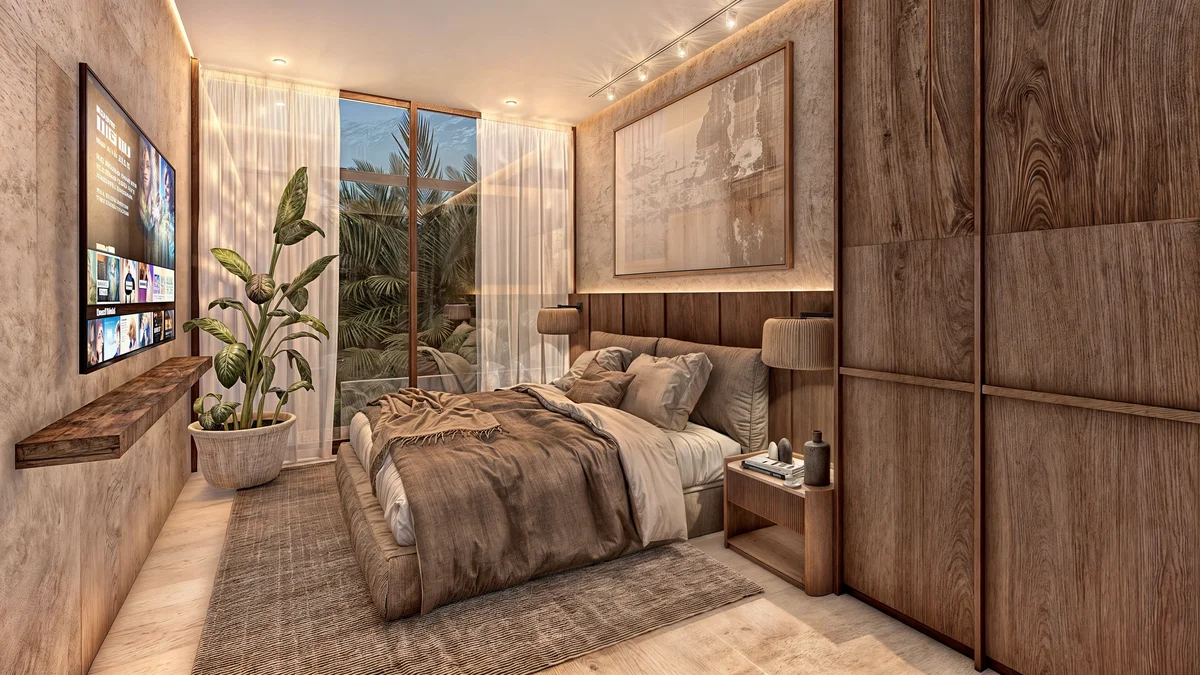 Image of a Primary Bedroom Suite, featuring Modern Design and Wood Paneling.