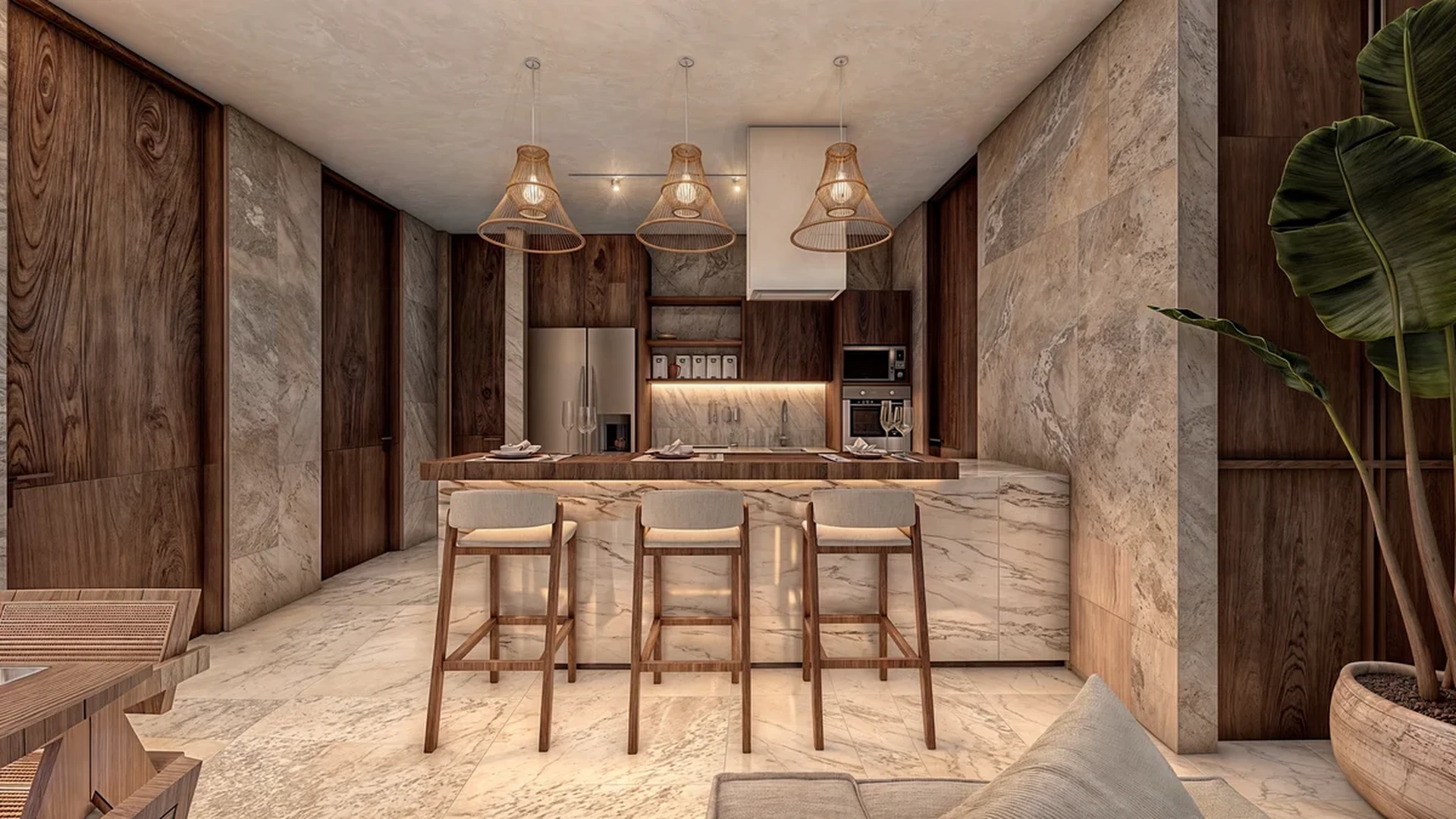Image of a Luxury Kitchen, featuring Marble Countertops and Kitchen Island with Breakfast Bar.