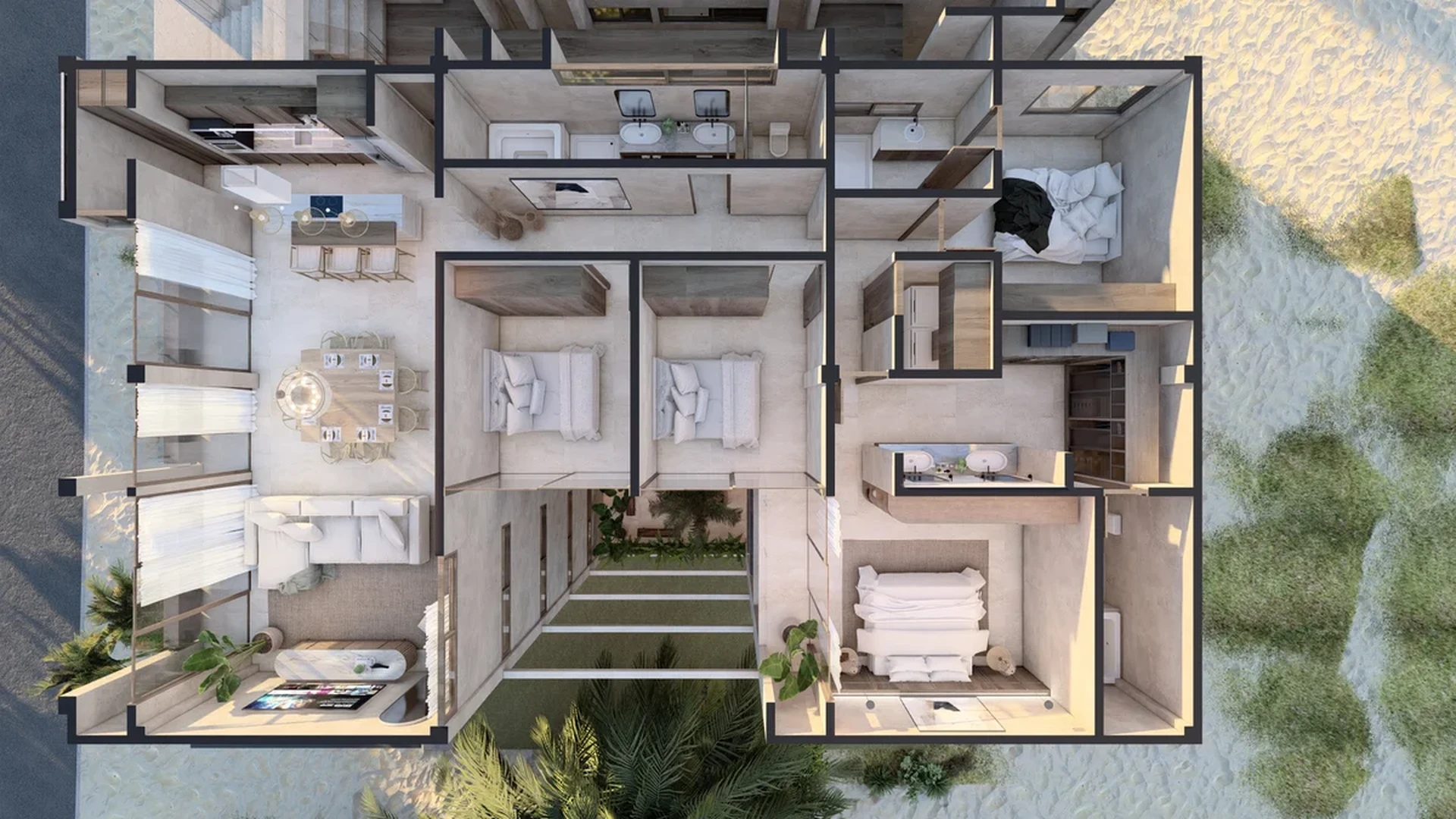 Image of a 3D Floor Plan Rendering, featuring Beachfront Villa and Open Concept Living.