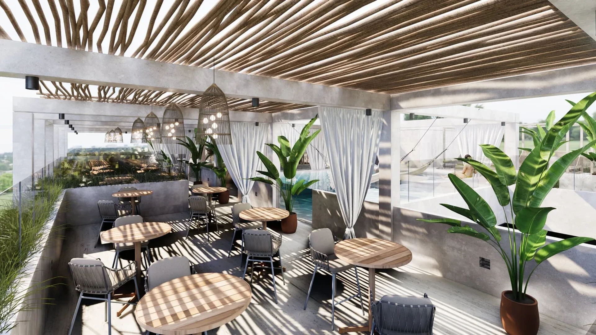 Image of a Rooftop Terrace, featuring Poolside Lounge and Wooden Pergola.