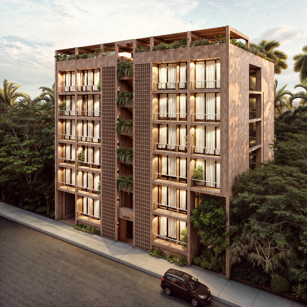 Image of a Modern Apartment Building, featuring Tropical Modernism and Textured Concrete Facade.