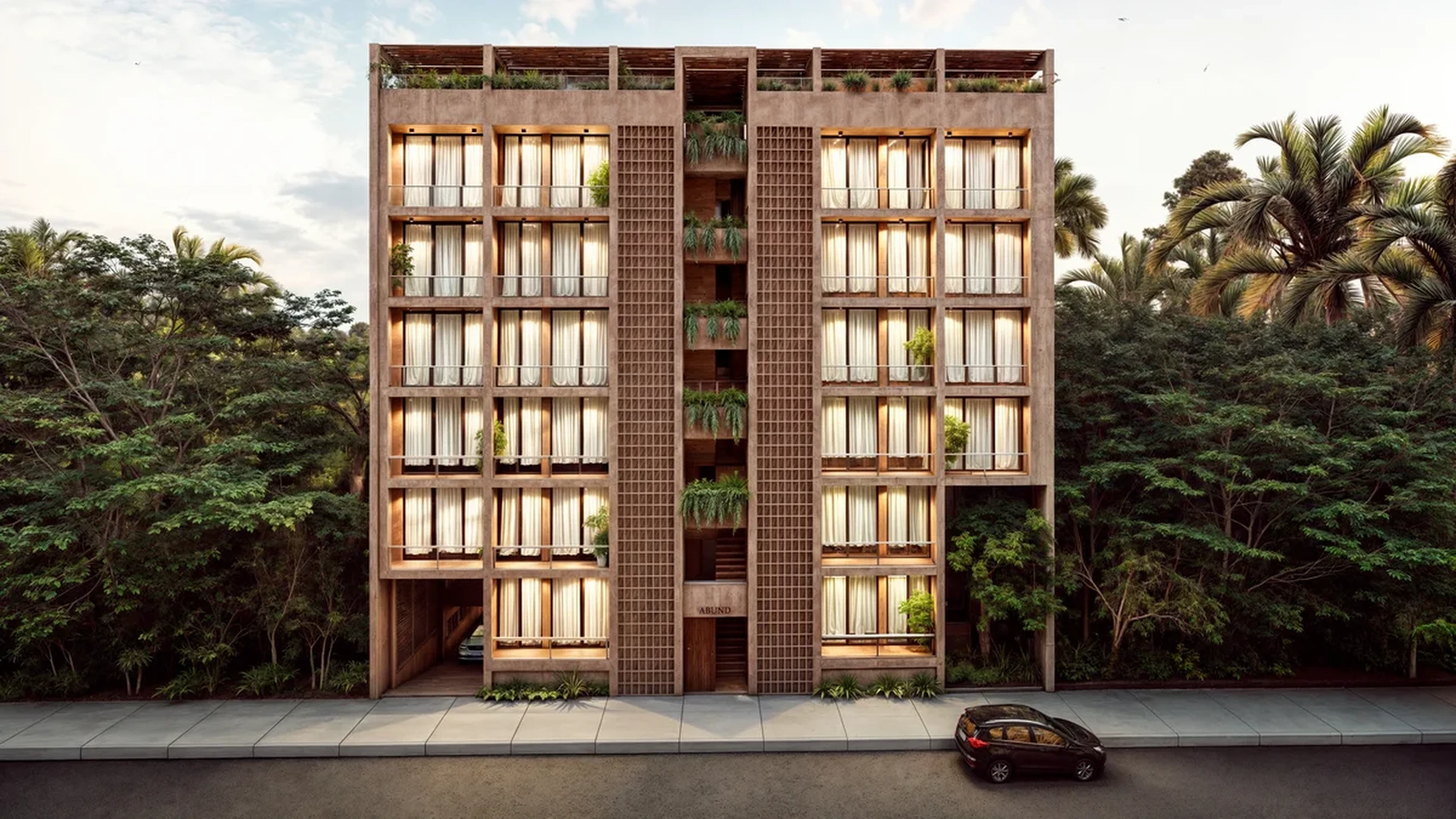 Image of a Modern Apartment Building, featuring Tropical Modernism and Private Balconies.