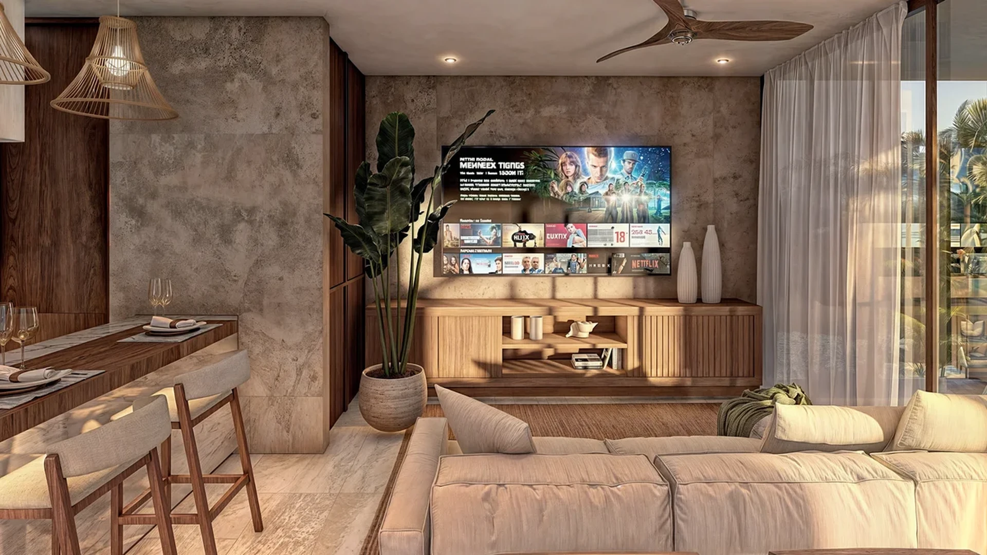Image of a Living Room, featuring Modern Tropical Design and Stone Accent Wall.
