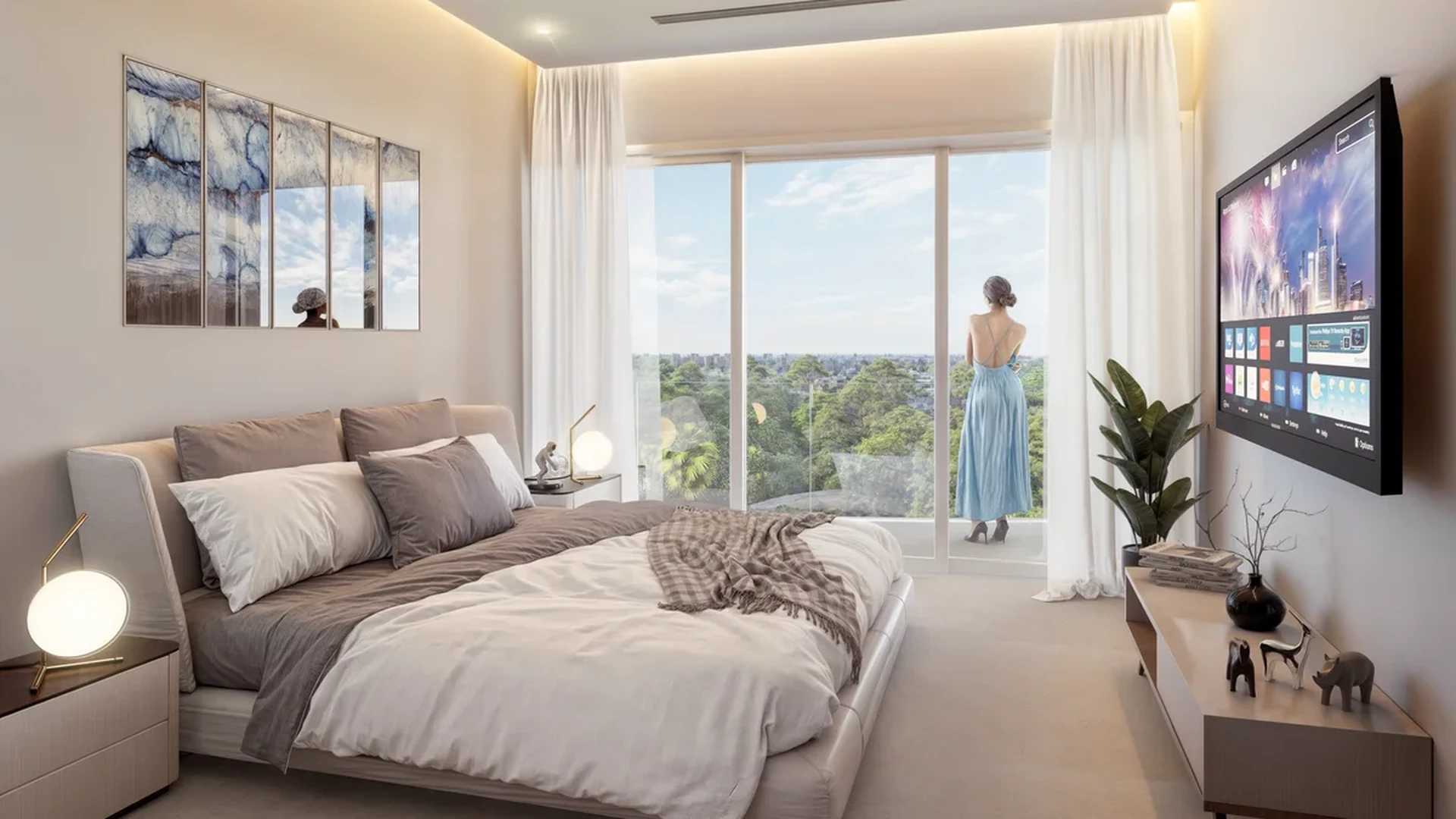 Image of a Master Bedroom, featuring Private Balcony and City View.