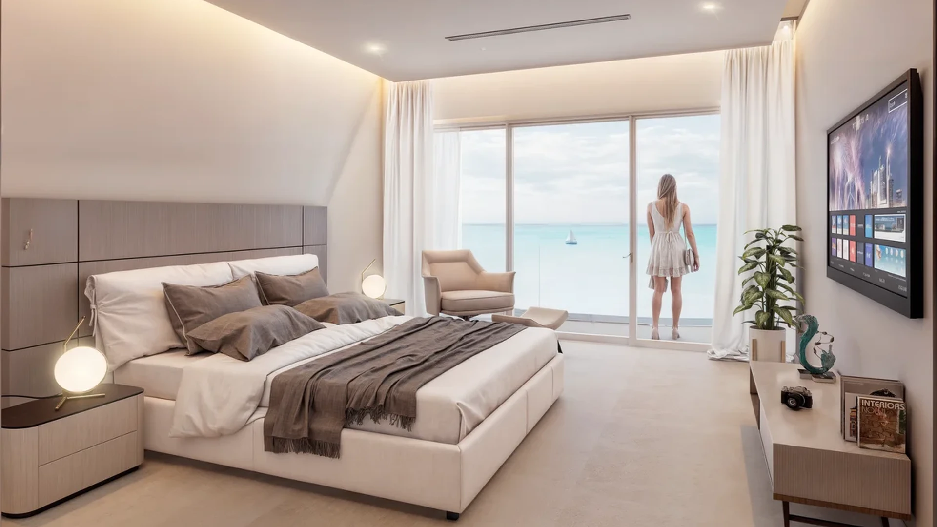 Image of a Master Bedroom, featuring Ocean View Balcony and Floor-to-Ceiling Windows.