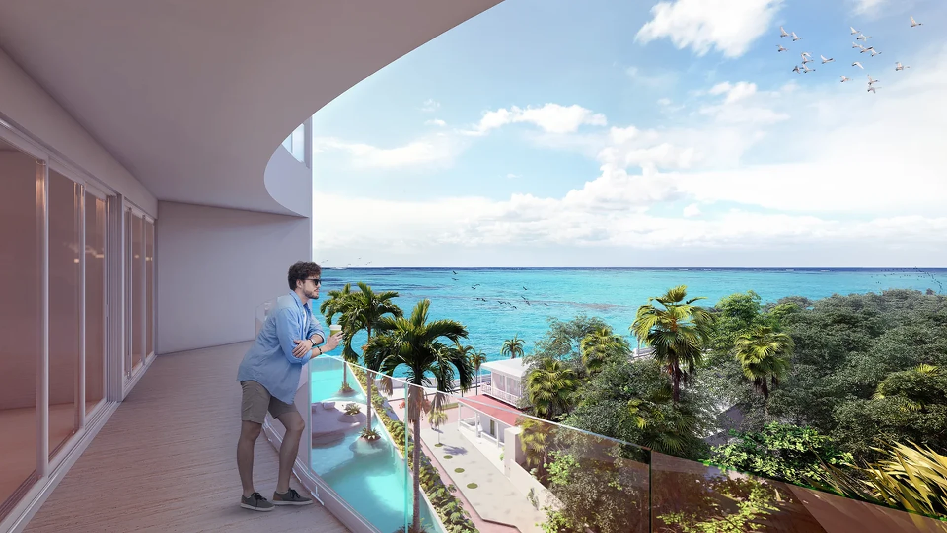 Image of a Ocean View Balcony, featuring Panoramic Sea View and Curved Architecture.