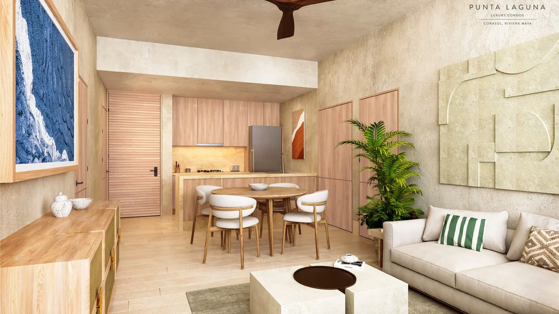 Image of a Open Concept Living, featuring Japandi Style Decor and Light Wood Cabinetry.